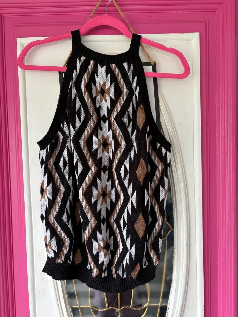 Amazon Women's Black Knit Aztec Halter Tank with White and Brown Accents